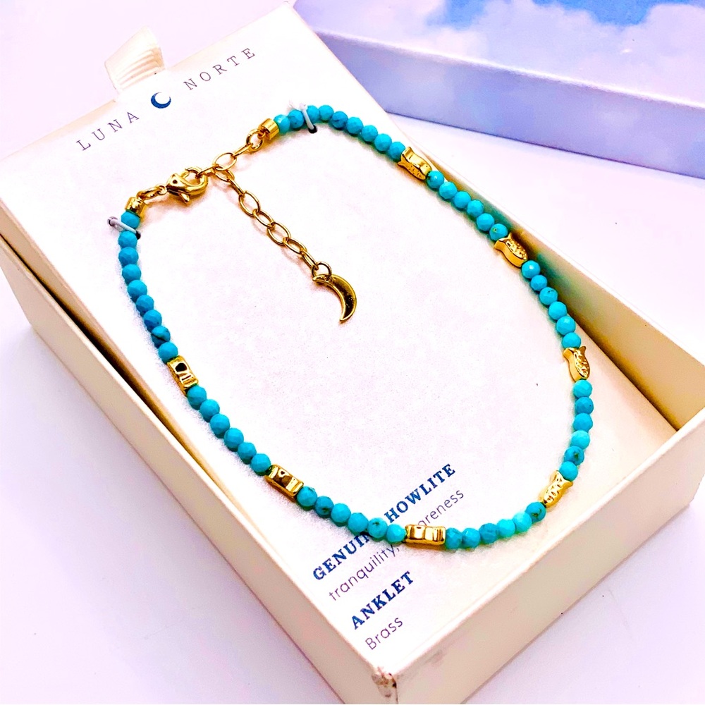 Luna Norte Turquoise Hewlett Beaded Anklet with Gold Accents